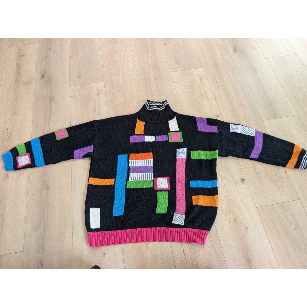 Vintage 1980s Grail Esprit Sport Sweater Size Medium Black Abstract Rare Find!!!